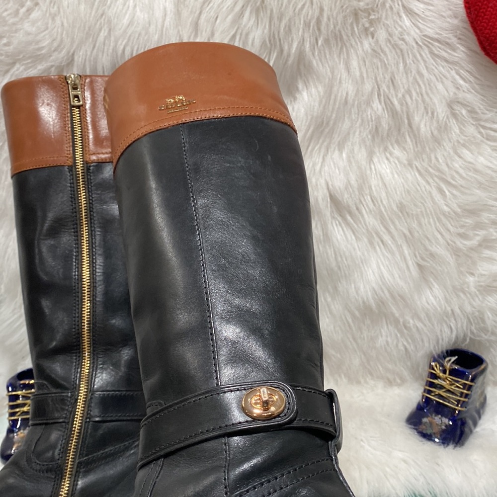 COACH EVA Black Brown Calf Leather Tall Boots 6.5 B Zip Classy 2-tone - Picture 5 of 13